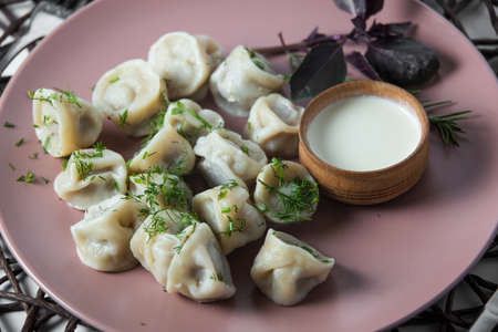 meat dumplings, homemade traditional Ukrainian dish pelmeni with sour creamの写真素材