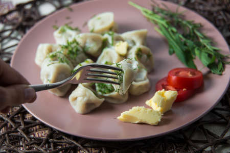 meat dumplings, homemade traditional Ukrainian dish pelmeni with sour creamの写真素材