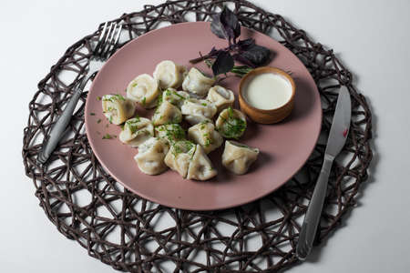 meat dumplings, homemade traditional Ukrainian dish pelmeni with sour creamの写真素材
