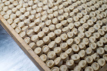 Russian raw meat dumplings. manual production.の写真素材