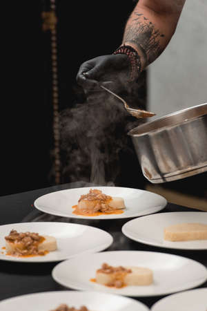 Chief pouring hungarian cuisine, dumplings with rabbit sauceの写真素材