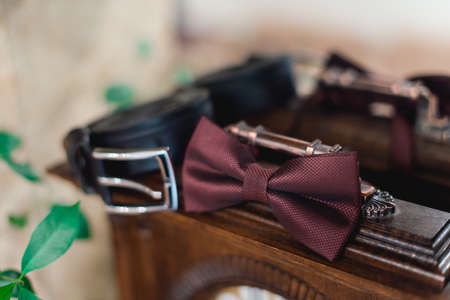 Businessman accessories. Men's Accessories: Men's bowtie, black shoes. Grooms set