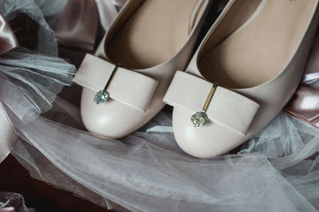beautiful brides biege shoes. wedding morningの写真素材