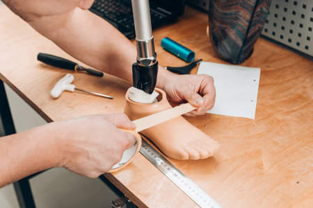prosthetics technician checking prosthesis molds on a wooden table in a workshopの写真素材