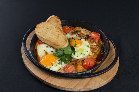healthy breakfast shakshuka - fried eggs, onion, bell pepper, tomatoes and spices in cast iron stewpan on old wooden plank.の写真素材