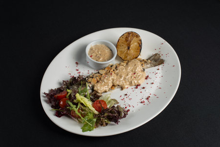 Stuffed trout with mushrooms sauce and saladの写真素材