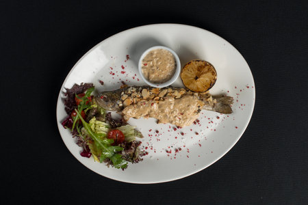 Stuffed trout with mushrooms sauce and saladの写真素材