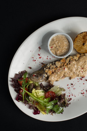 Stuffed trout with mushrooms sauce and saladの写真素材