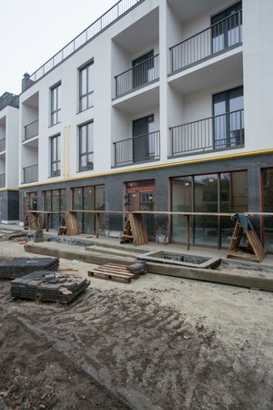 Construction of new building. unfinished facade of the houseの写真素材