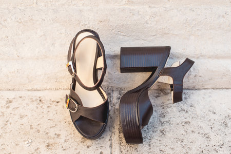 Women fashionable high heeled shoes - brown leather sandalsの写真素材