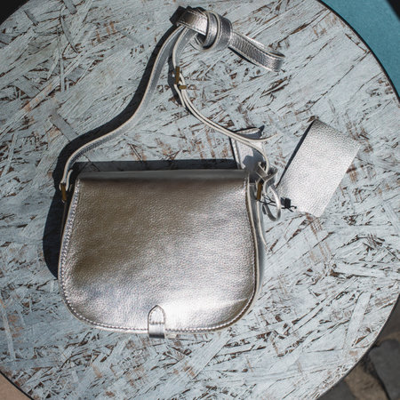 Festive evening small silver bag. Luxury accessories and party concept.の写真素材