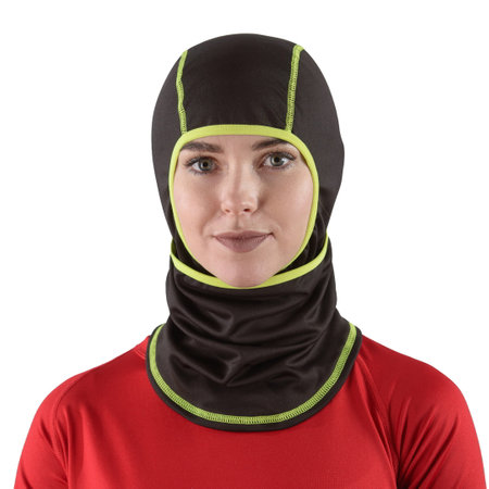 pretty brunette with long hair in a red shirt with a black balaclava with neon green edgingの写真素材