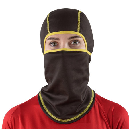 pretty brunette with long hair in a red shirt with a black balaclava with yellow edgingの写真素材