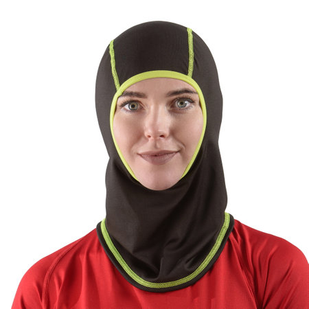 pretty brunette with long hair in a red shirt with a black balaclava with neon green edgingの写真素材