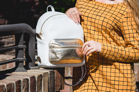 White womens leather backpack .Fashion bag. Orange dress