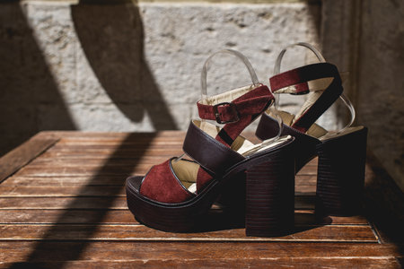 Women fashionable high heeled shoes - brown leather sandalsの写真素材