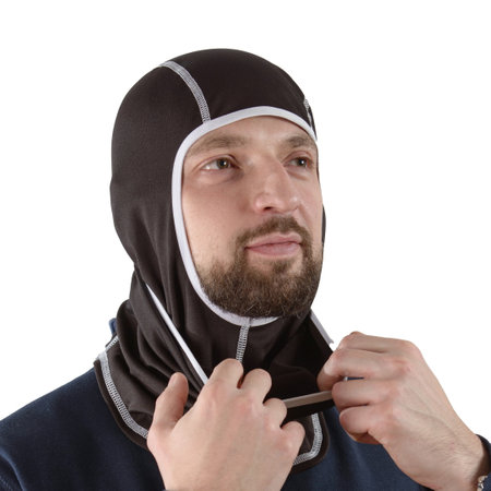 brunette man in a blue shirt with a black balaclava with gray edgingの写真素材