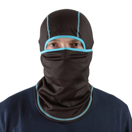 brunette man in a blue shirt with a black balaclava with blue edgingの写真素材