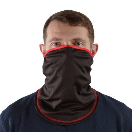 brunette man in a blue shirt with a black balaclava with red edgingの写真素材