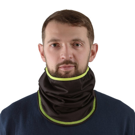 brunette man in a blue shirt with a black balaclava with neon green edgingの写真素材