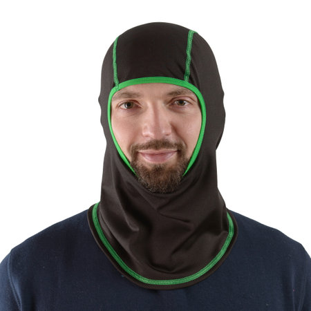 brunette man in a blue shirt with a black balaclava with green edgingの写真素材