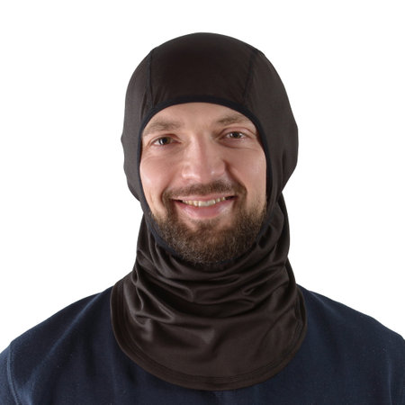 brunette man in a blue shirt with a black balaclavaの写真素材