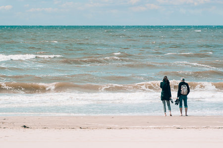 Rear view of senior couple embracing on beach on a sunny dayの写真素材