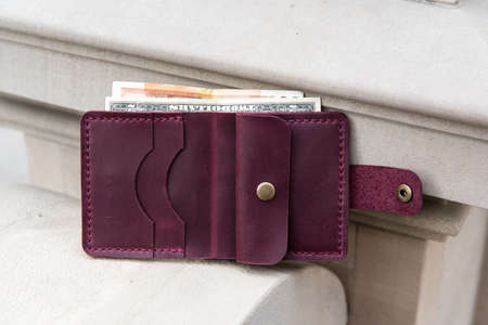 hand made leather wallet . Leather craft. Selective focusの写真素材