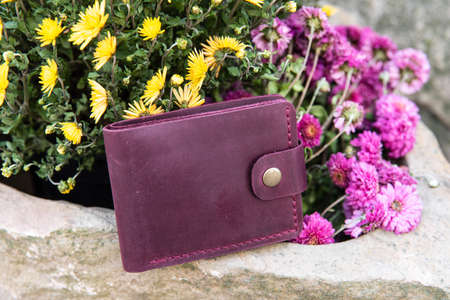 hand made leather wallet . Leather craft. Selective focusの写真素材
