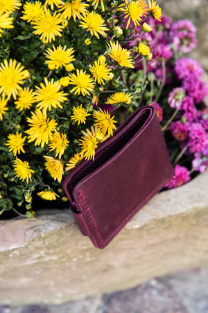 hand made leather wallet . Leather craft. Selective focusの写真素材