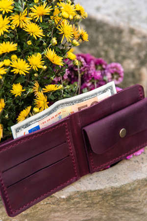 hand made leather wallet . Leather craft. Selective focusの写真素材