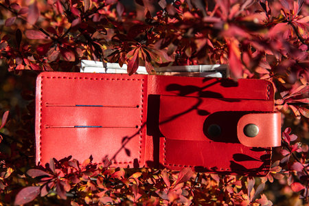 hand made leather wallet . Leather craft. Selective focusの写真素材