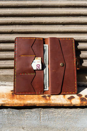 hand made leather wallet . Leather craft. Selective focus