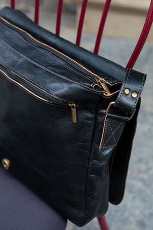 close-up photo of black leather bag corporate.の写真素材