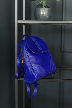 A deep blue leather modern backpack on a shelfの写真素材