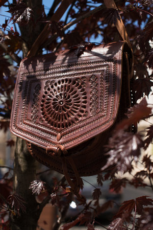 small burgundy womens leather bag with a carved patternの写真素材