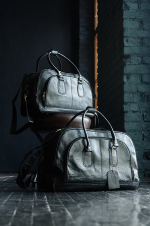 black leather travel bags indoors photo on black backgroundの写真素材