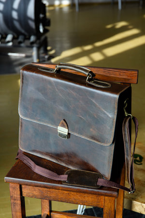 close-up photo of brown leather briefcase corporate.の写真素材