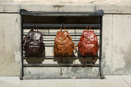 Collection of different stylish backpacks. Street photoの写真素材