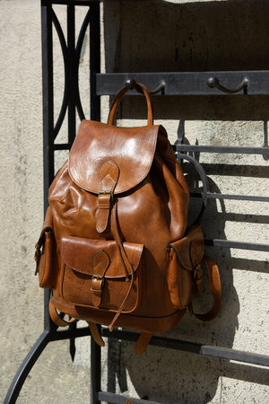 Leather brown backpack. backpack for travelers and studentsの写真素材