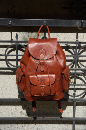 Leather Maroon backpack. backpack for travelers and studentsの写真素材