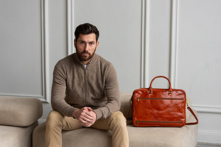 A man is comfortably sitting on a sofa, with a leather orange briefcaseの写真素材