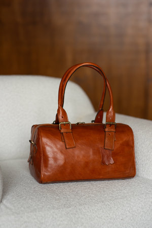 Brown Leather bag . Women accesories.の写真素材