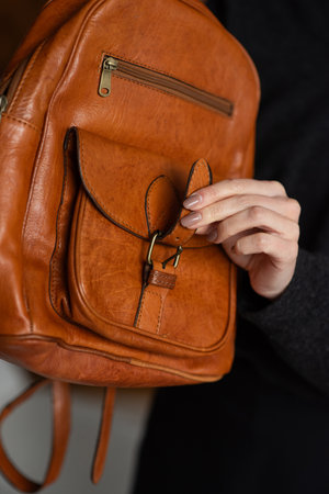 photo of a leather backpack with retro look. indoors photoの写真素材