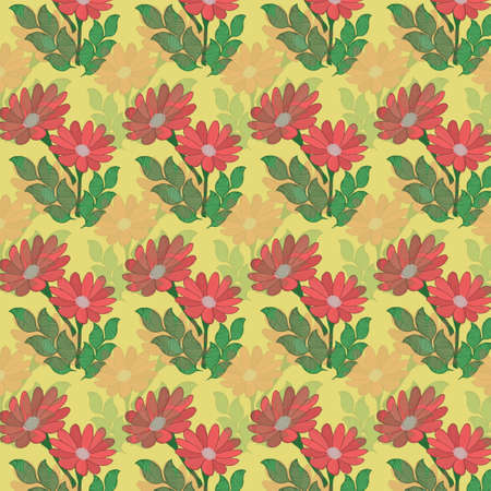Orange flowers on yellow background layered patternの写真素材