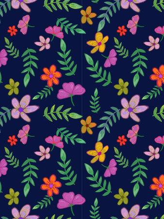 Seamless pattern with colorful flowers and leaves on dark blue backgroundの写真素材