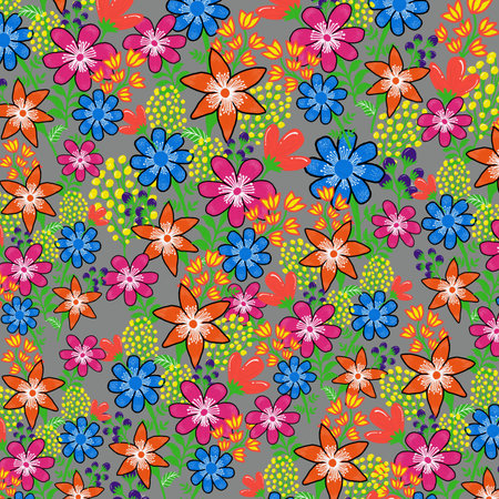 Seamless pattern with colorful flowers on gray background. Vector illustration.の写真素材