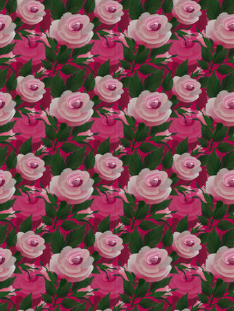 Seamless pattern with pink roses on a red background. Vector illustration.の写真素材