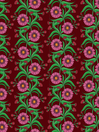 <p>Seamless pattern with pink flowers and green leaves on red background</p>の写真素材