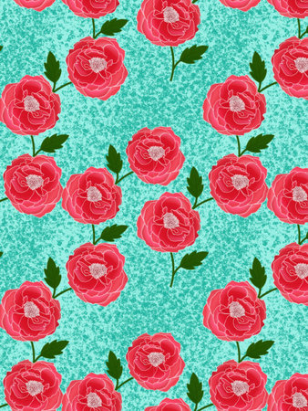 Seamless pattern with red peonies on turquoise backgroundの写真素材